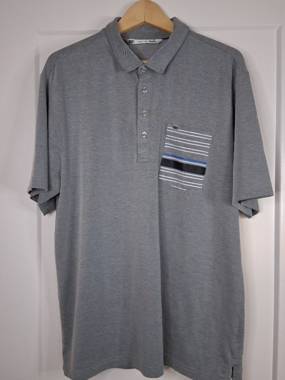 Travis Mathew Pima Cotton Polo Shirt Mens XL Gray Striped Pocket Golf Casual